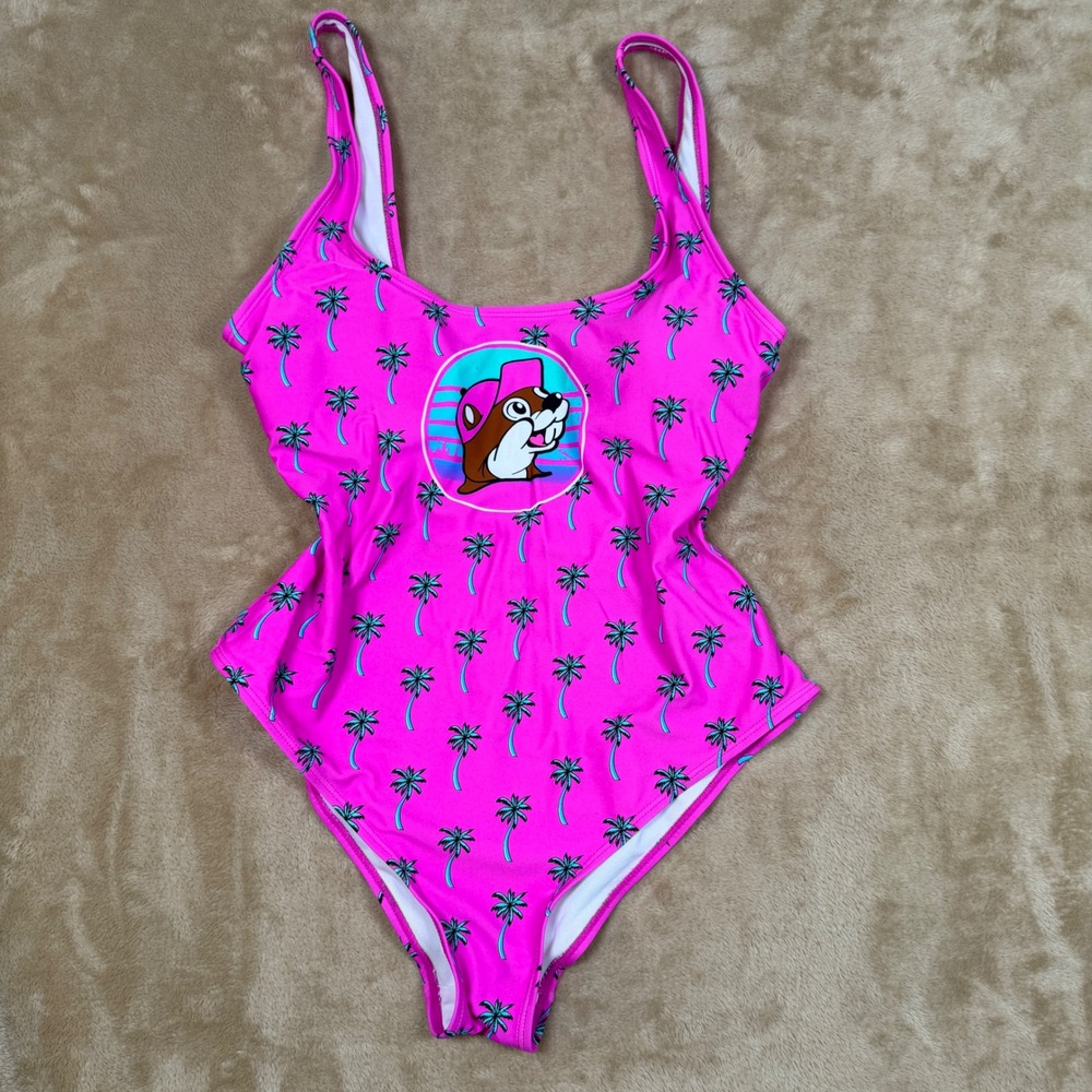 Buc-ee's Women Pink Palm Tree One Piece Swimsuit Beaver Graphic Size Small